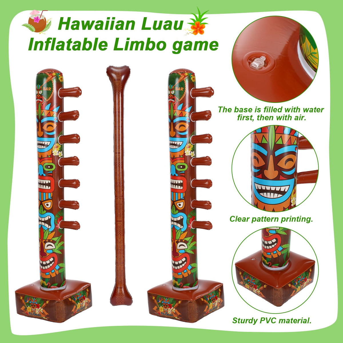 Jenaai luau themed inflatable limbo at a backyard party inspires tropical fun.