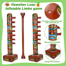 Jenaai luau themed inflatable limbo at a backyard party inspires tropical fun.