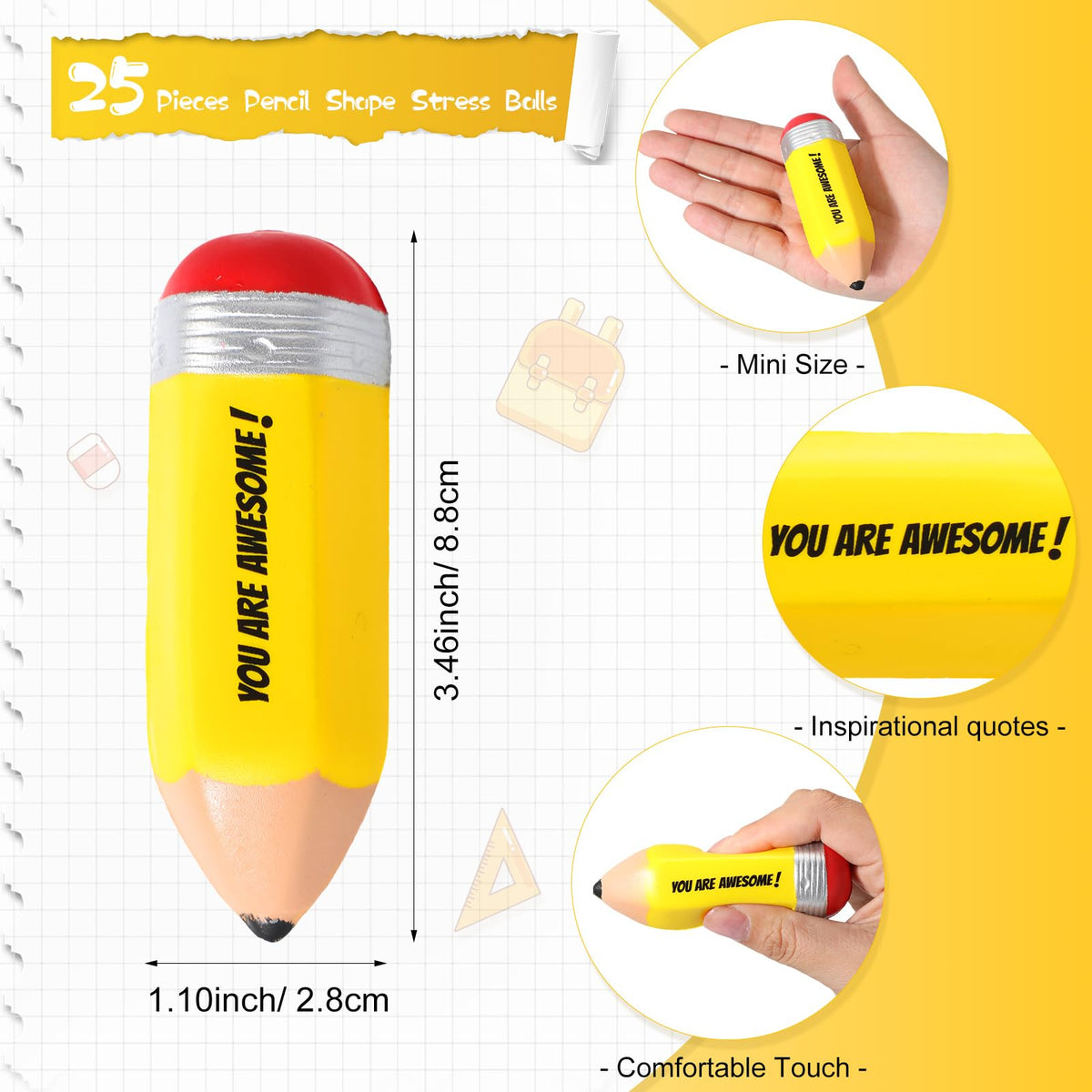 Close-up of yellow Jenaai pencil stress ball, easy grip for relief