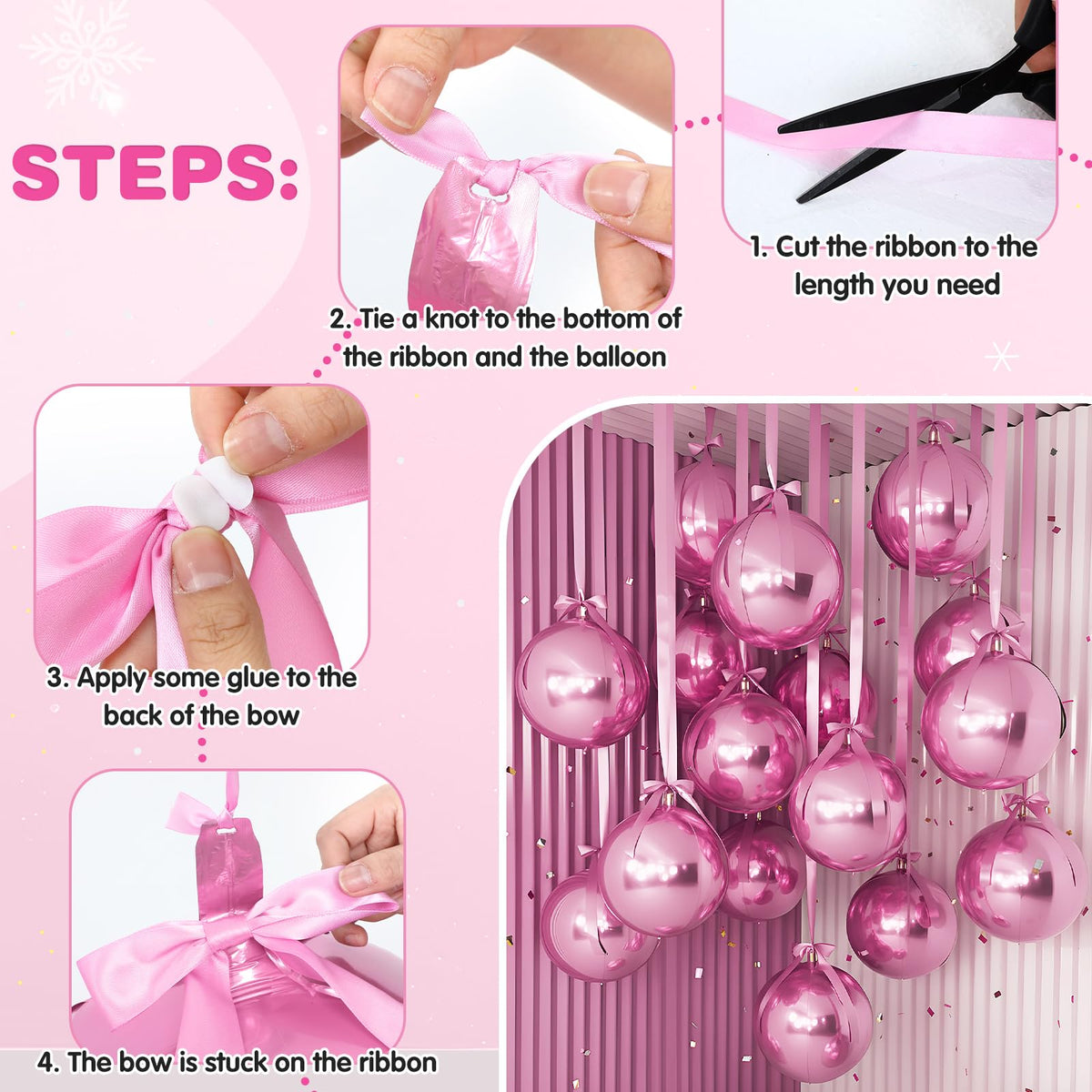 Jenaai pink satin bow ribbon enhances DIY balloon bouquets and centerpieces.