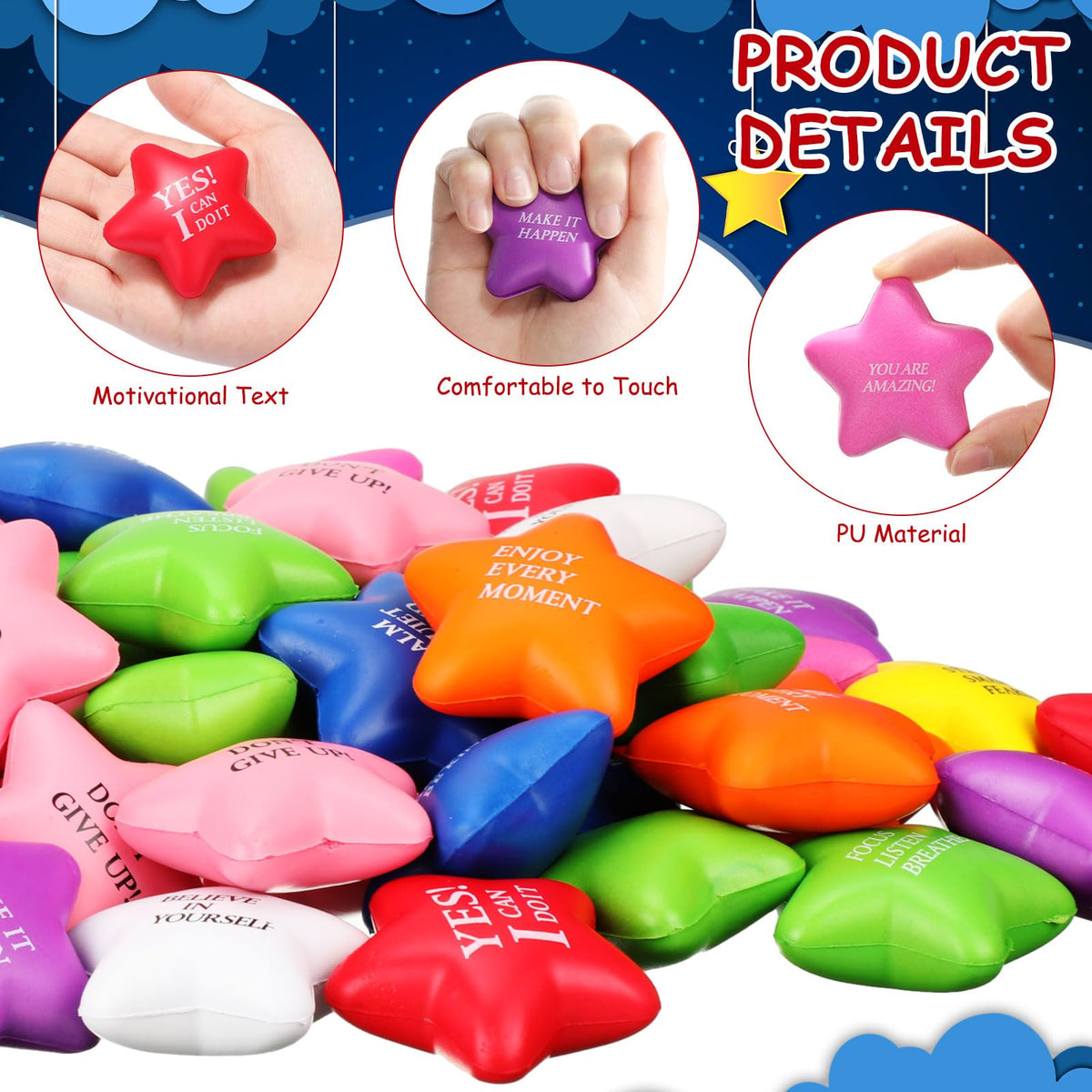 Jenaai yellow star stress balls ideal for classroom rewards and party favors.