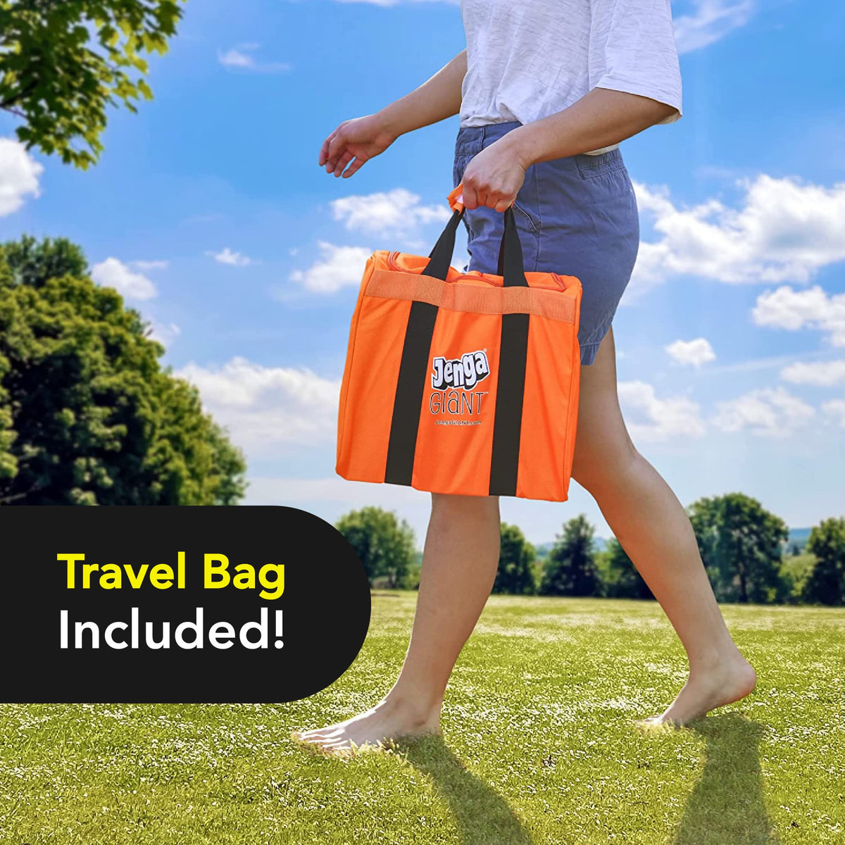 Jenga Giant zippered storage bag keeps blocks organized for travel.