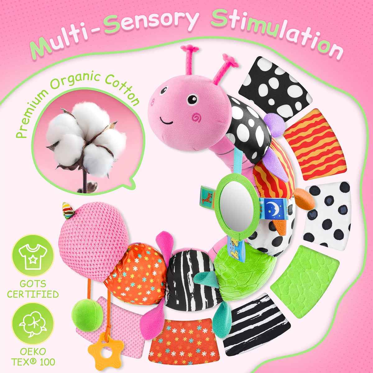 JENTXON caterpillar shows crinkle-paper texture for rich tactile play.
