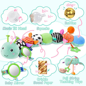 JENTXON caterpillar toy with gentle rattle stimulates early auditory curiosity.
