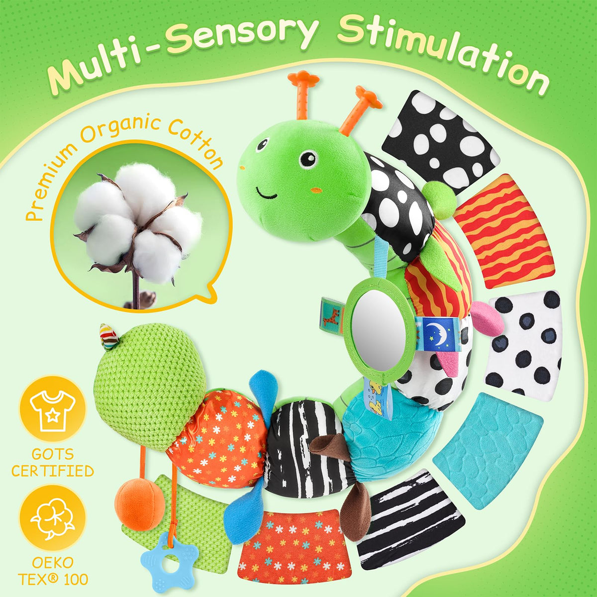 JENTXON sensory crinkle paper caterpillar engages hearing and tactile exploration