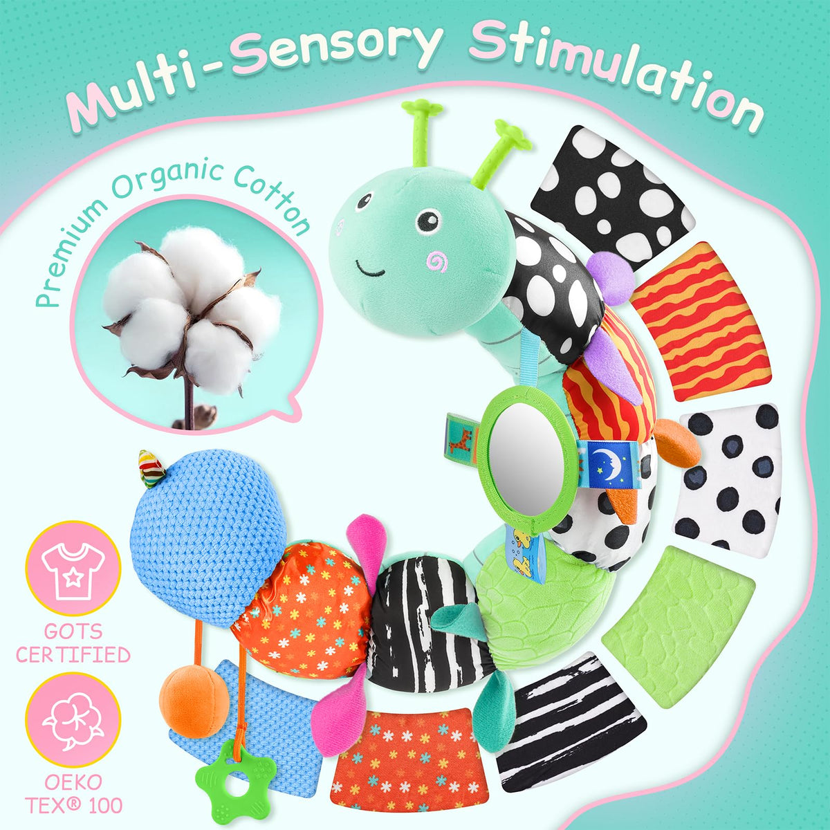 JENTXON tummy-time caterpillar crinkle toy supports neck and upper body.