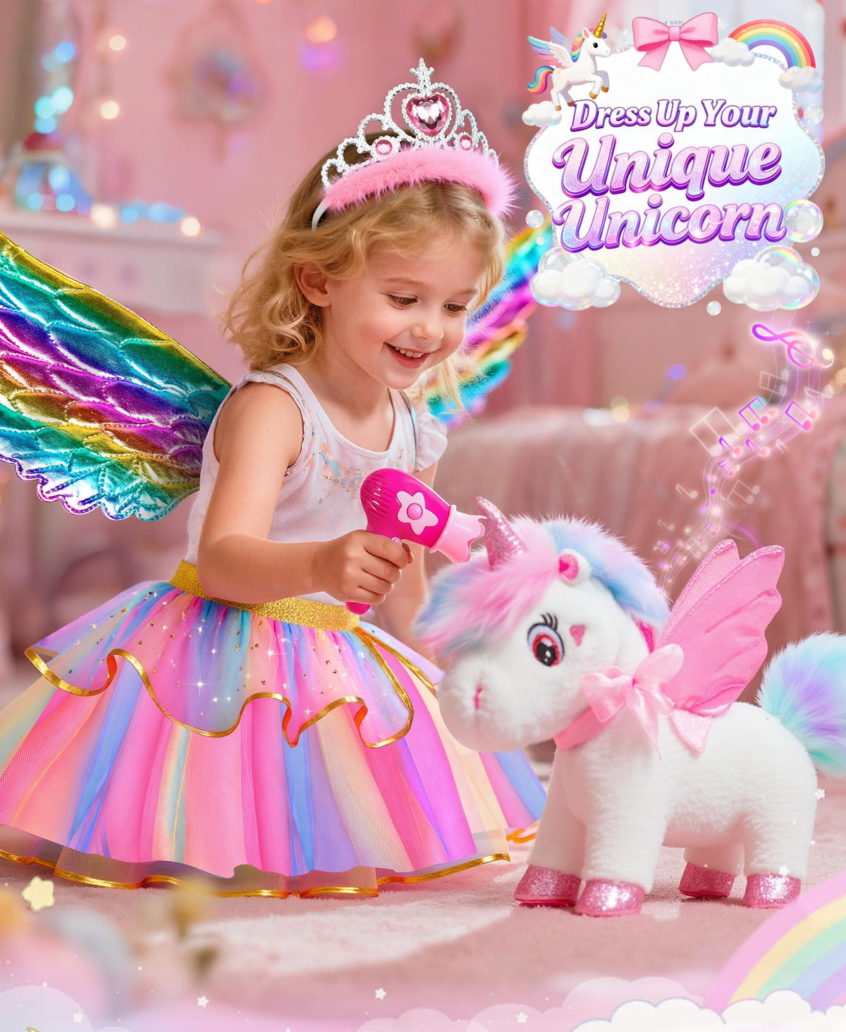 Jeowoqao Unicorn dress-up skirt, crown, and wings boost imaginative outfits.