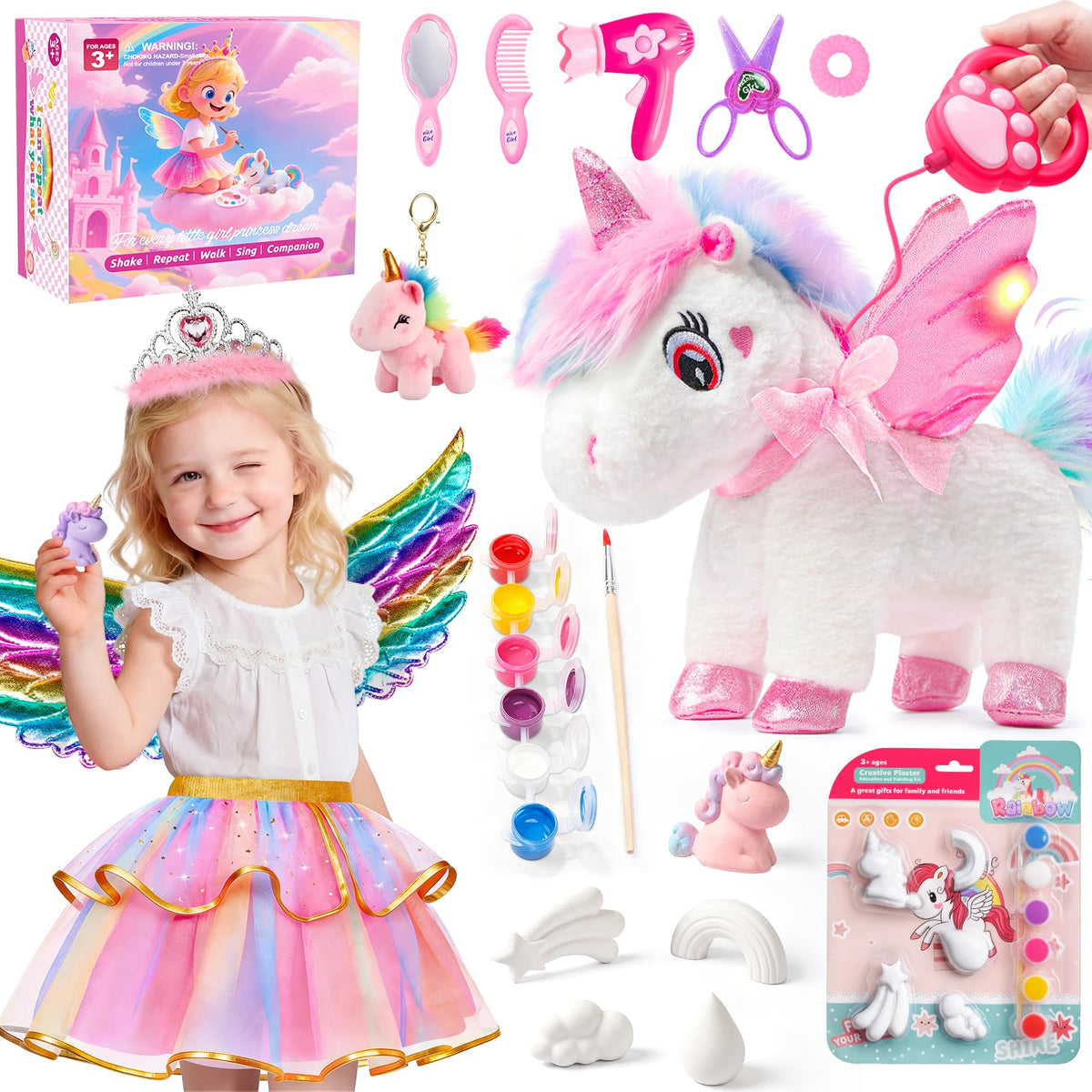 Jeowoqao Unicorn toy walking action with remote control for interactive play.