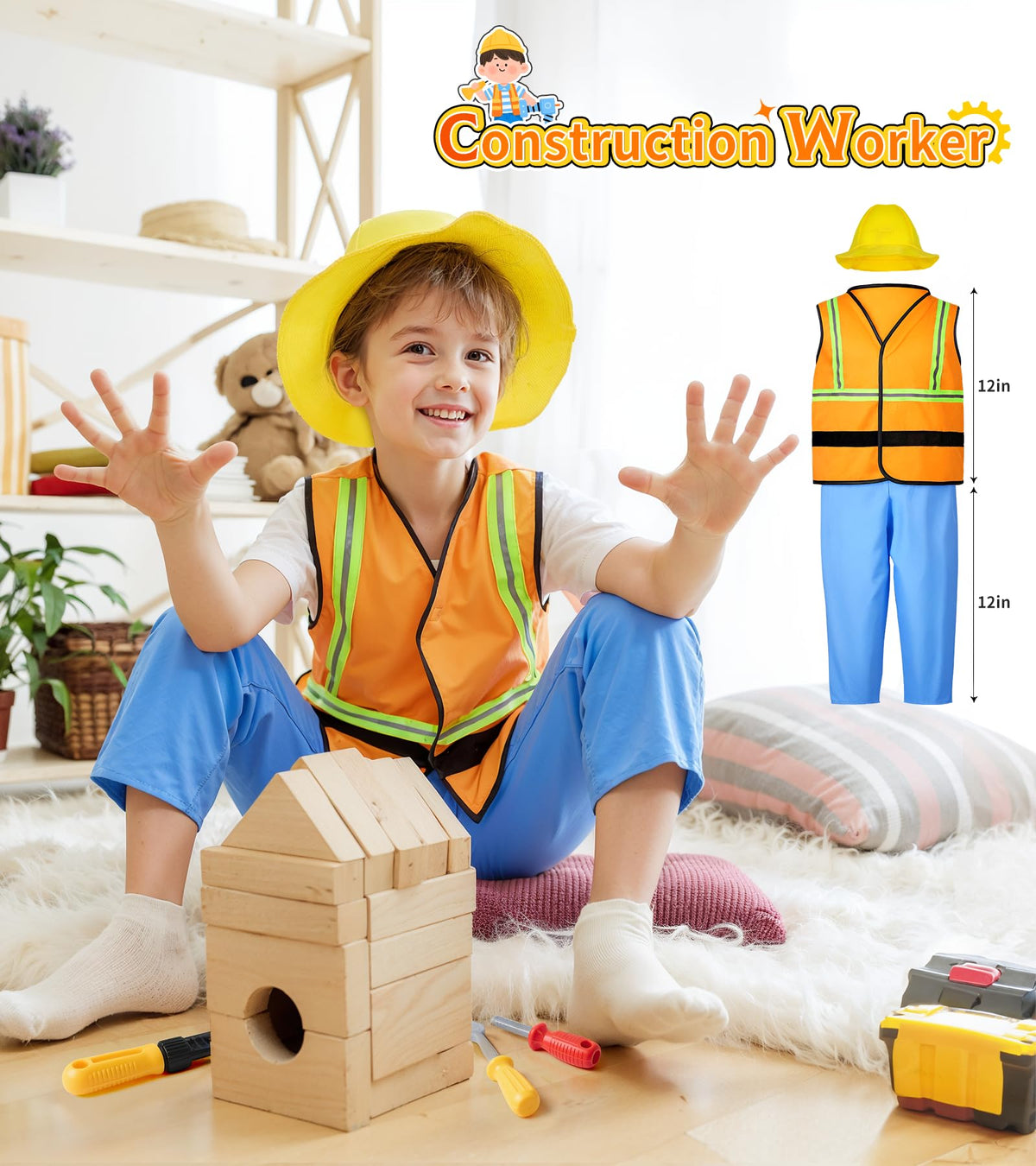 Jeowoqao construction-worker-costume-vest-hat for creative role play