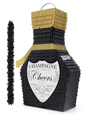 Jergrim Champagne Piñata front view showing black and gold design.