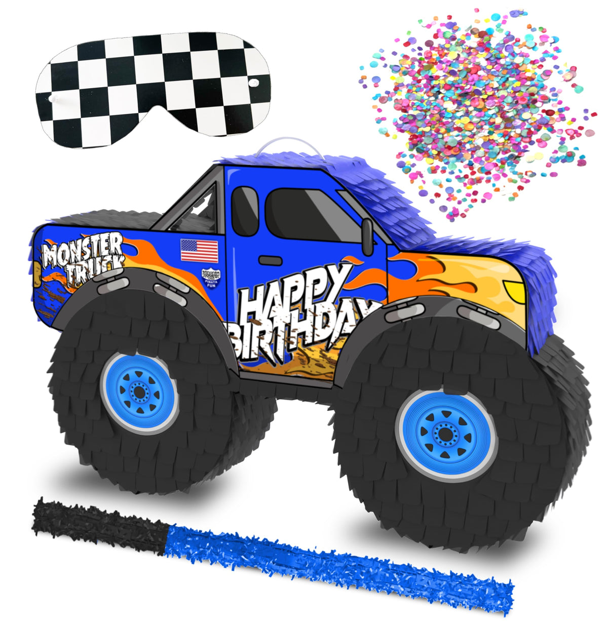 Jergrim Monster Truck Pinata four-piece set for kids parties, durable and fun.