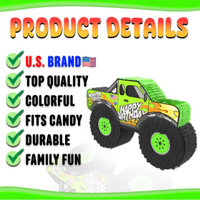 Jergrim Monster Truck Piñata blindfold included for party games.