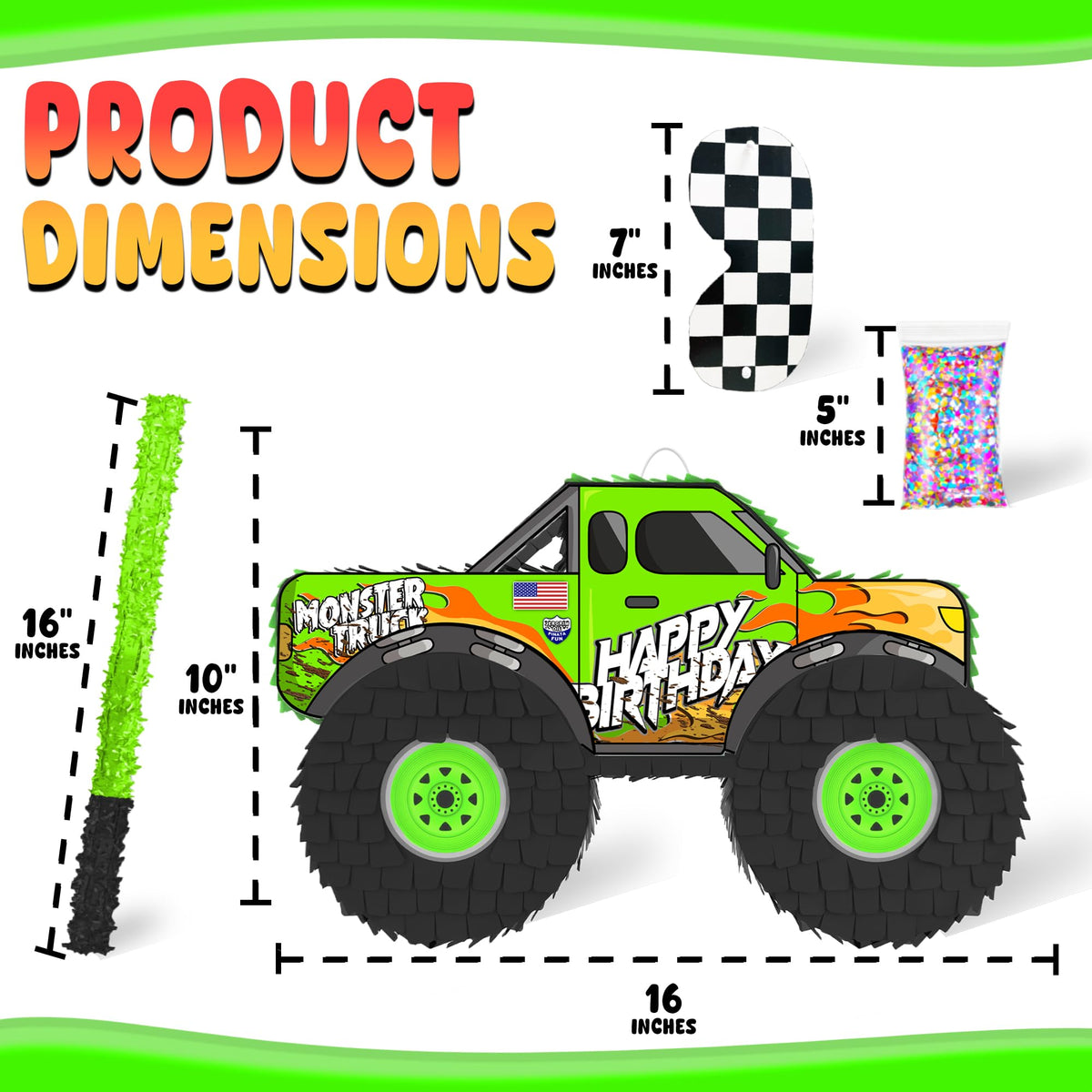 Jergrim Monster Truck Piñata candy-filling capacity up to 3 pounds.