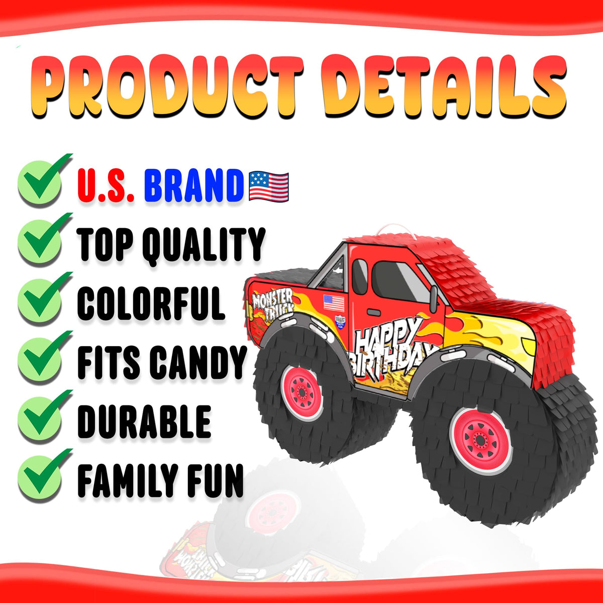 Jergrim Monster Truck Pinata candy-inside view, emphasizes generous candy capacity.