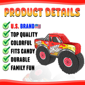 Jergrim Monster Truck Pinata candy-inside view, emphasizes generous candy capacity.