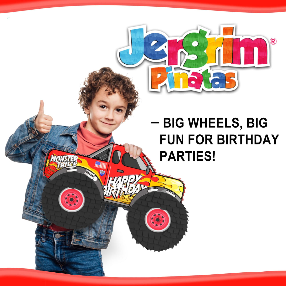 Jergrim Monster Truck Pinata confetti bag visible, adds celebratory flair to any party.