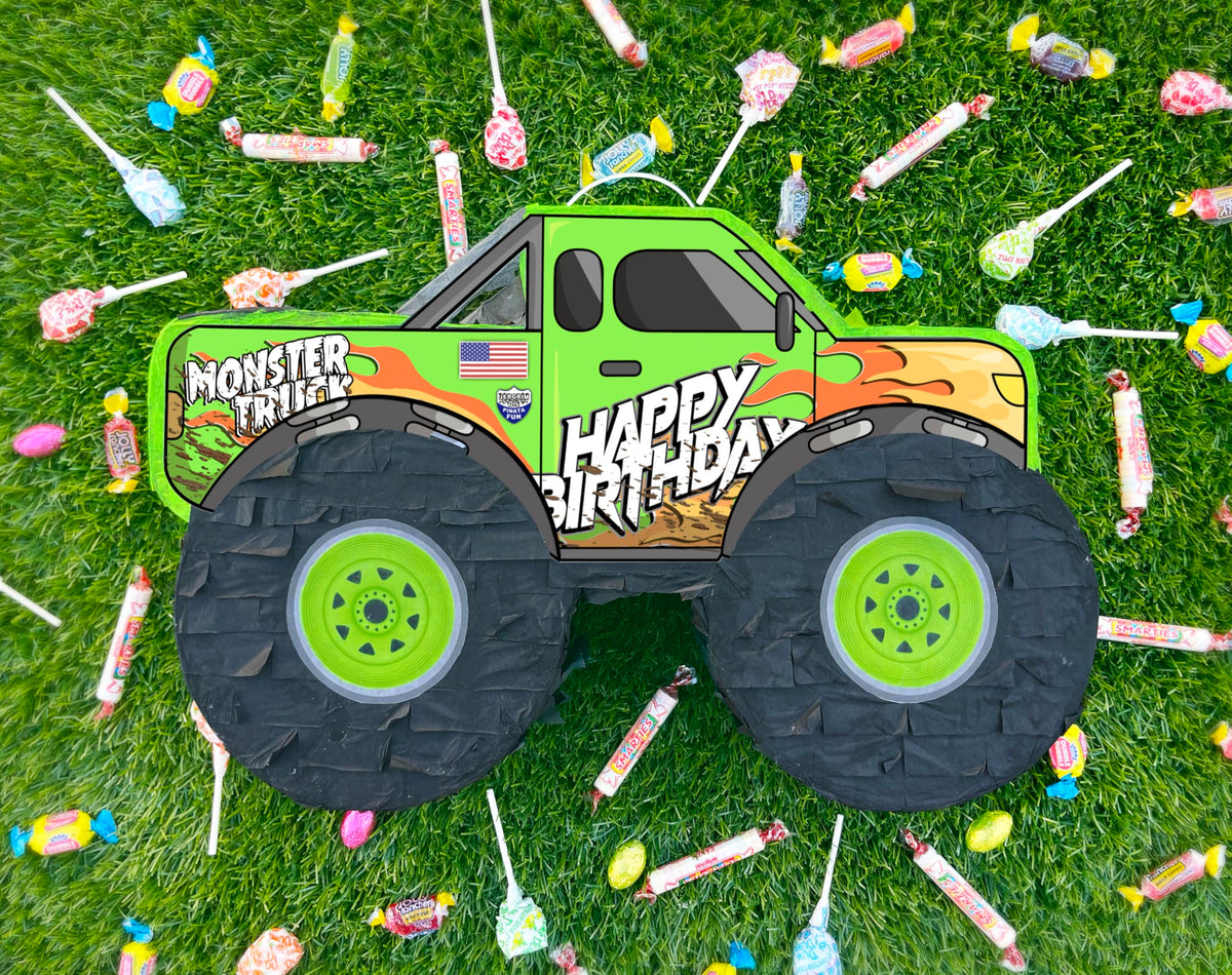 Jergrim Monster Truck Piñata vibrant tissue paper design enhances decor.