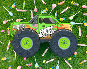 Jergrim Monster Truck Piñata vibrant tissue paper design enhances decor.