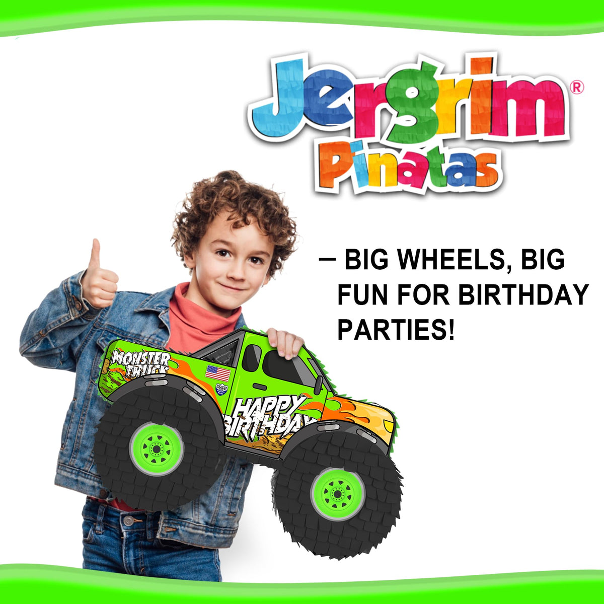 Jergrim Monster Truck Piñata durable recycled cardboard withstands playful strikes.