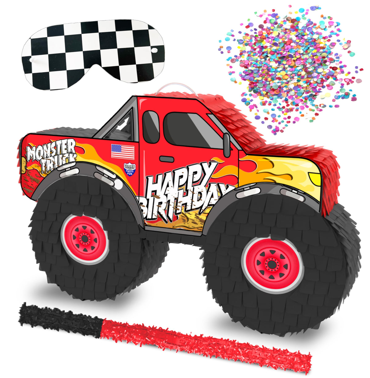Jergrim Monster Truck Pinata front view, vibrant centerpiece for kids' parties and candy surprises.