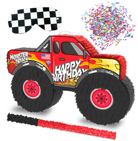 Jergrim Monster Truck Pinata front view, vibrant centerpiece for kids' parties and candy surprises.