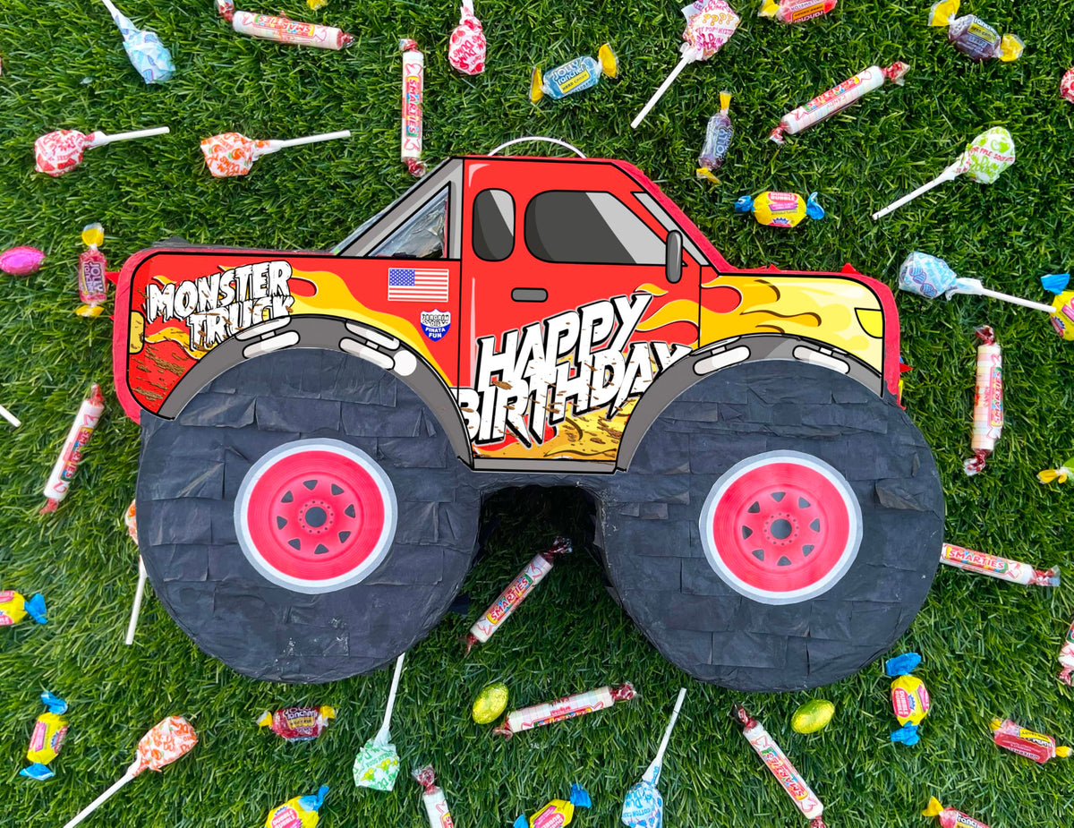 Jergrim Monster Truck Pinata opened set, shows how treats are accessed during the party.