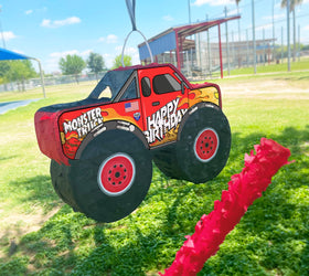 Jergrim Monster Truck Pinata side view, bold colors and durable construction for festive fun.