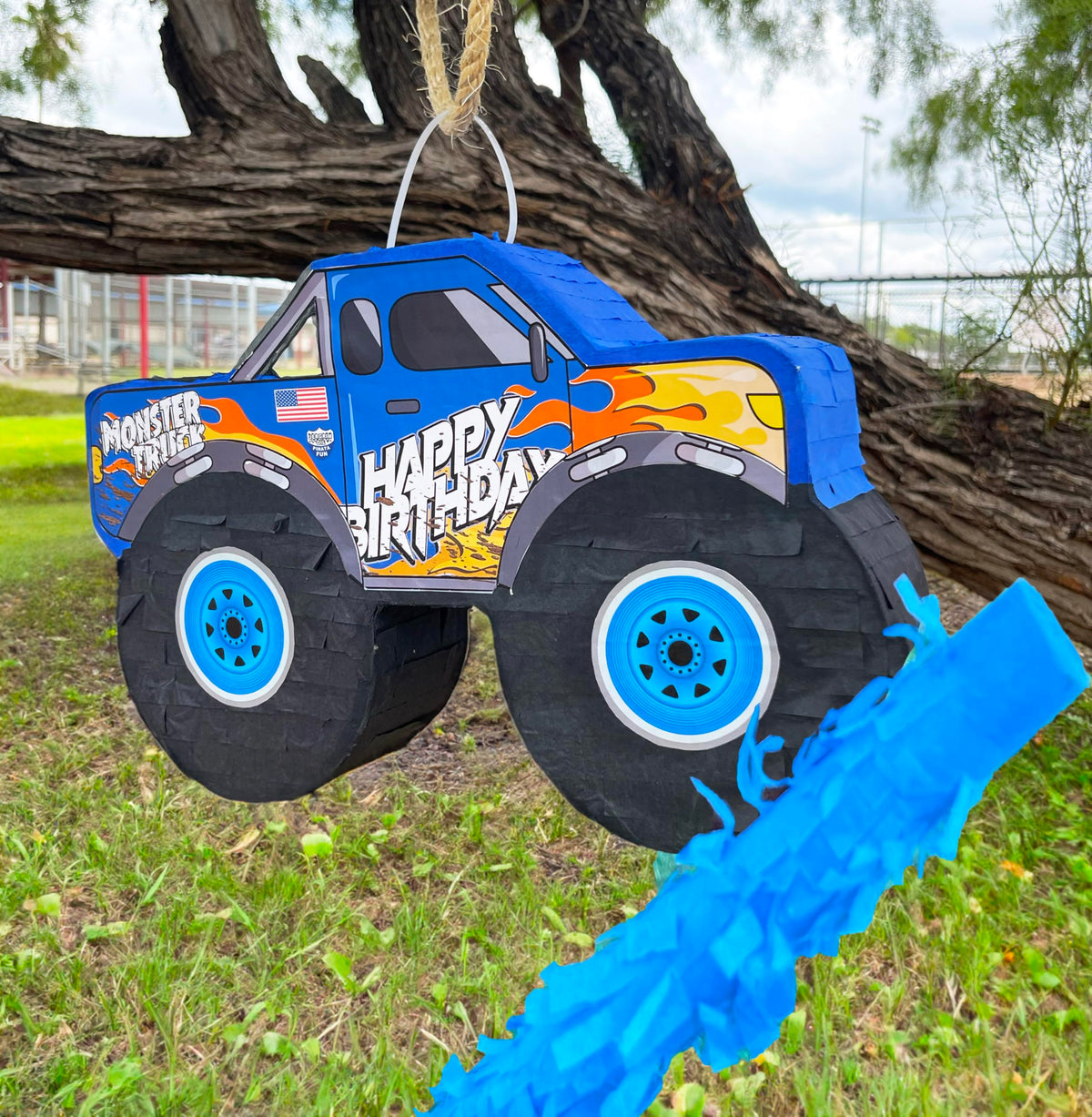 Jergrim Monster Truck Pinata side view showing sturdy construction for party games.