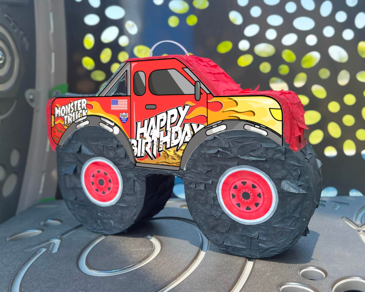 Jergrim Monster Truck Pinata wooden-stick included for safe, supervised breaking.