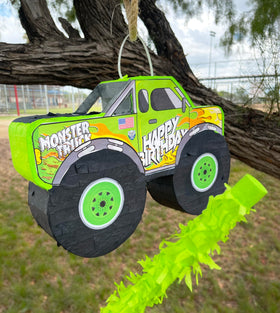 Jergrim Monster Truck Piñata with wooden stick for safe fun.