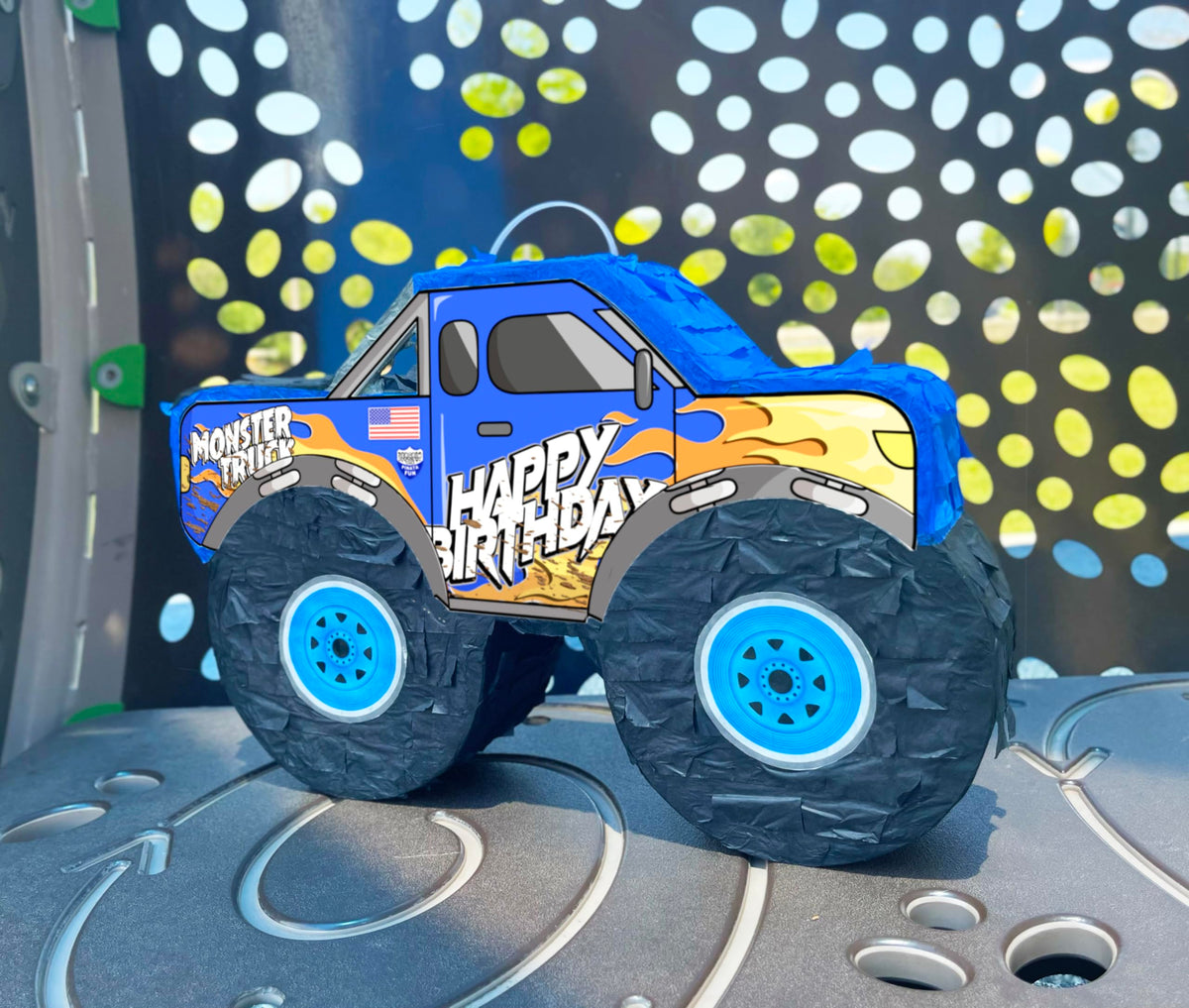 Jergrim Monster Truck Pinata blue design as a vibrant party centerpiece.