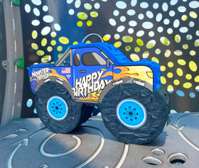 Jergrim Monster Truck Pinata blue design as a vibrant party centerpiece.