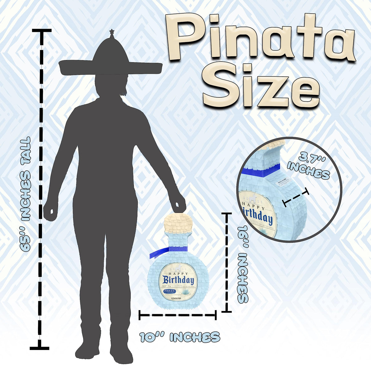 Jergrim Piñata Tequila bottle includes stick, blindfold, and confetti bag.