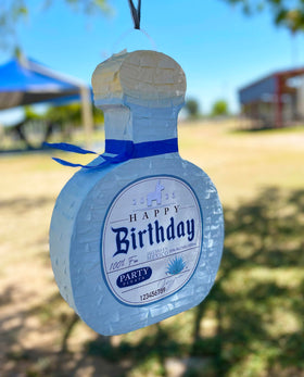 Jergrim Piñata Tequila bottle side view, showcasing durable recycled cardboard.