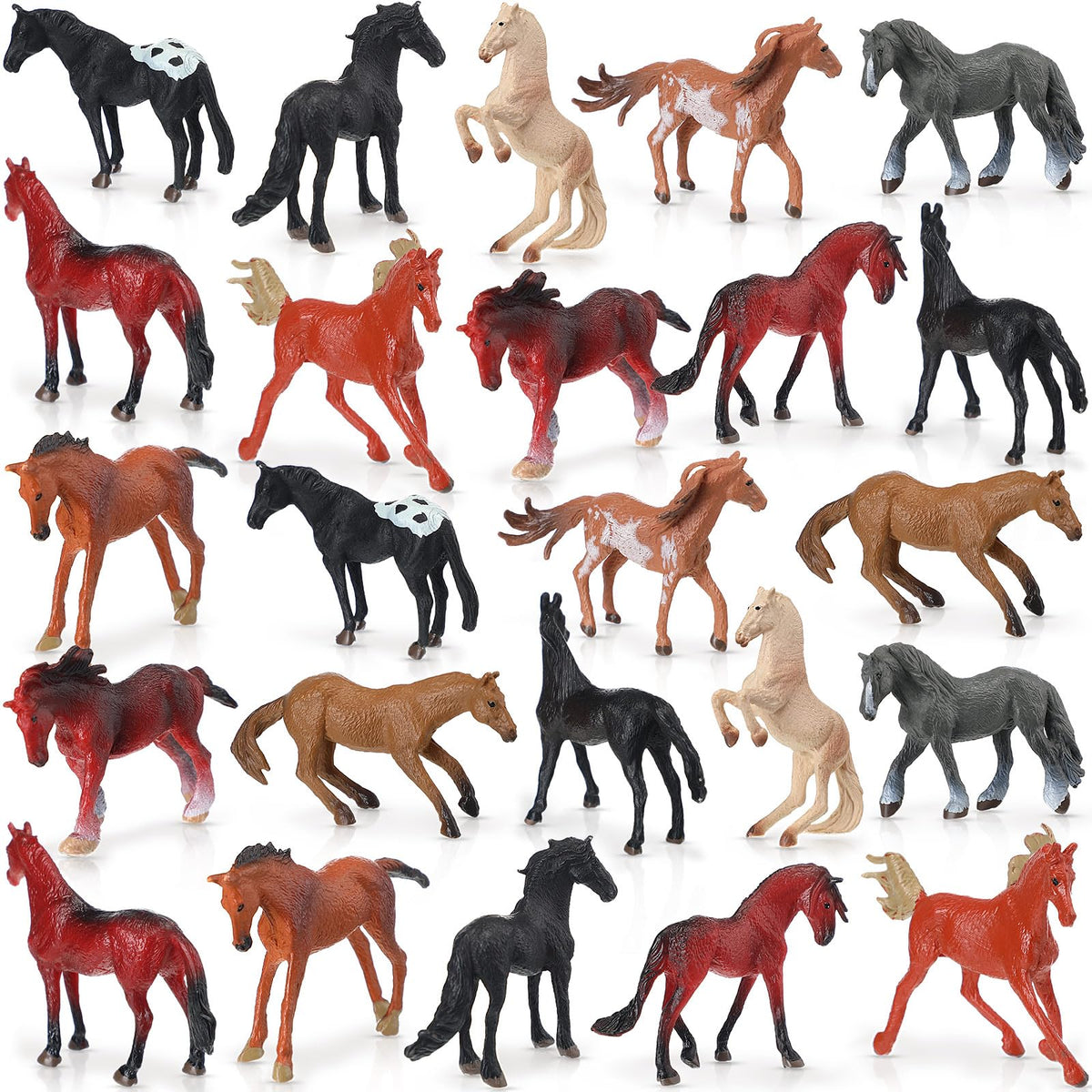 Jerify 30-piece plastic horse figures in varied poses ideal for party decor and cake toppers.
