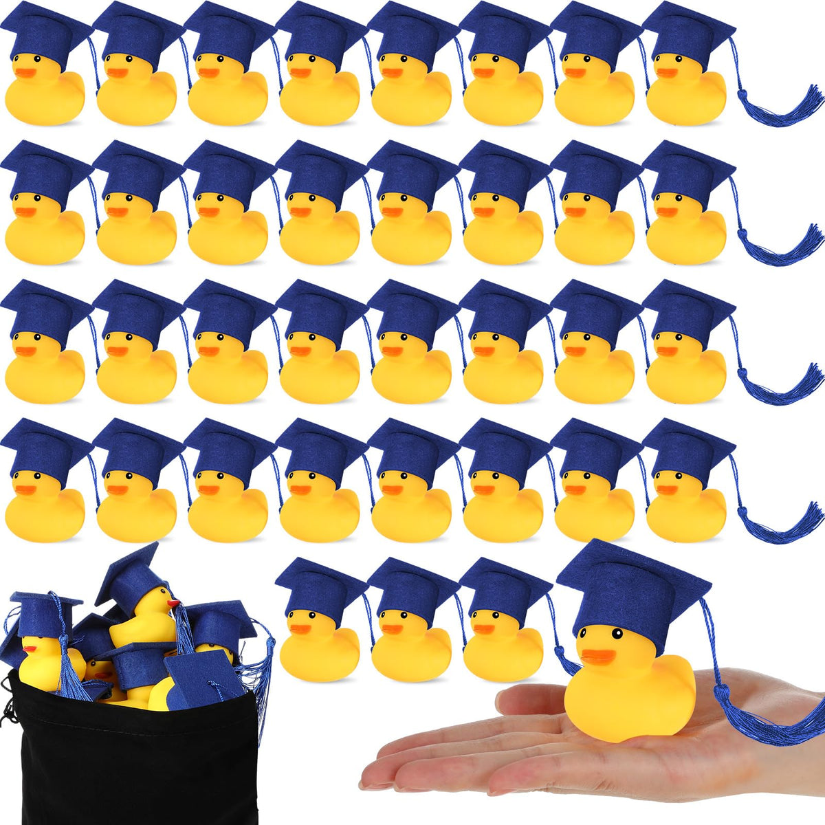Jerify 48-pcs graduation ducks with blue caps for party decor and gifts.
