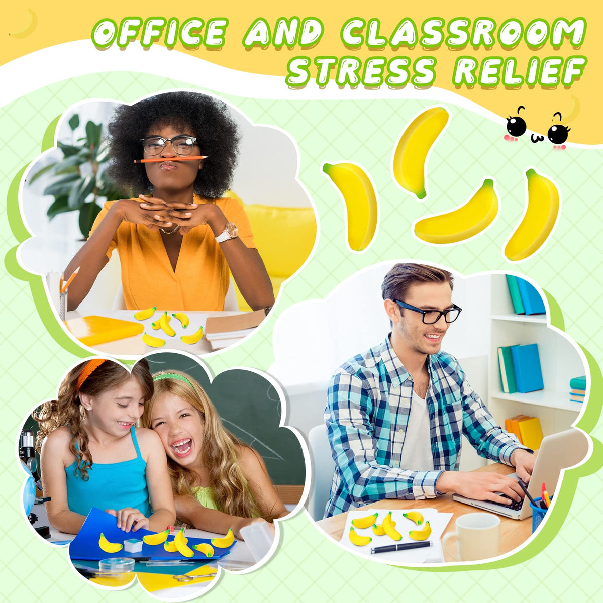 Jerify party favors featuring bright banana toys arranged for a playful display.