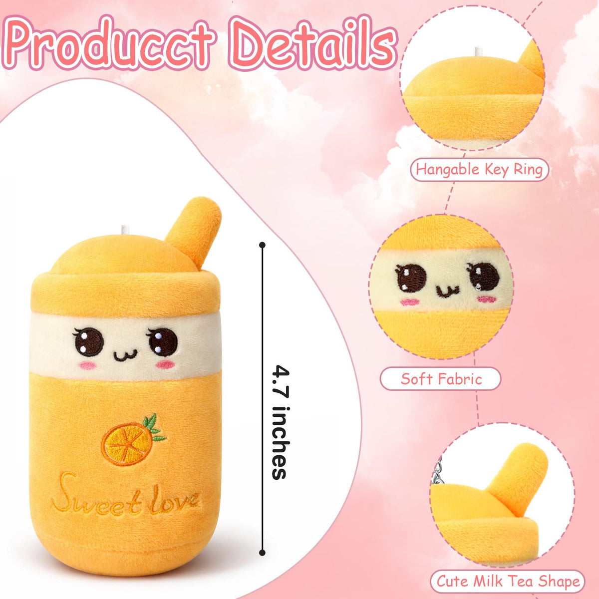 Jerify bubble tea plush strawberry fruit, playful keychain for bags and school gear.