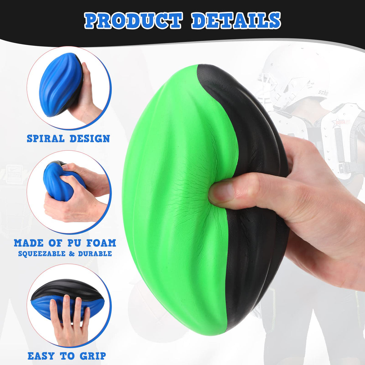 Jerify football toy features soft PU foam to support hand-eye coordination.
