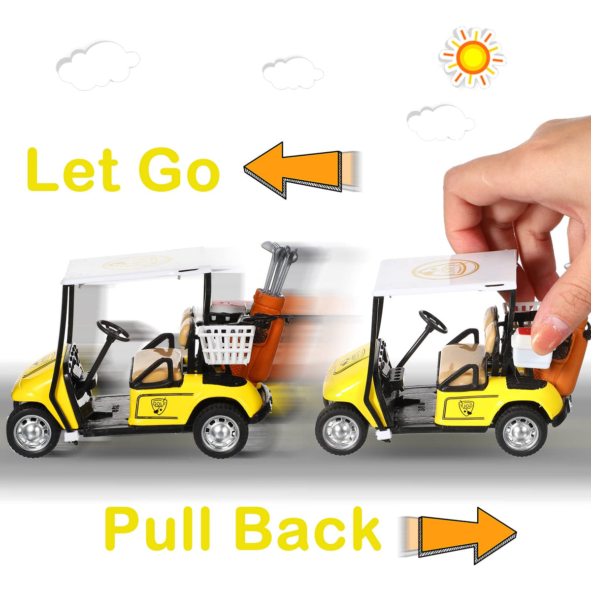 Jerify mini golf cart yellow metal pull-back toy with vivid finish.