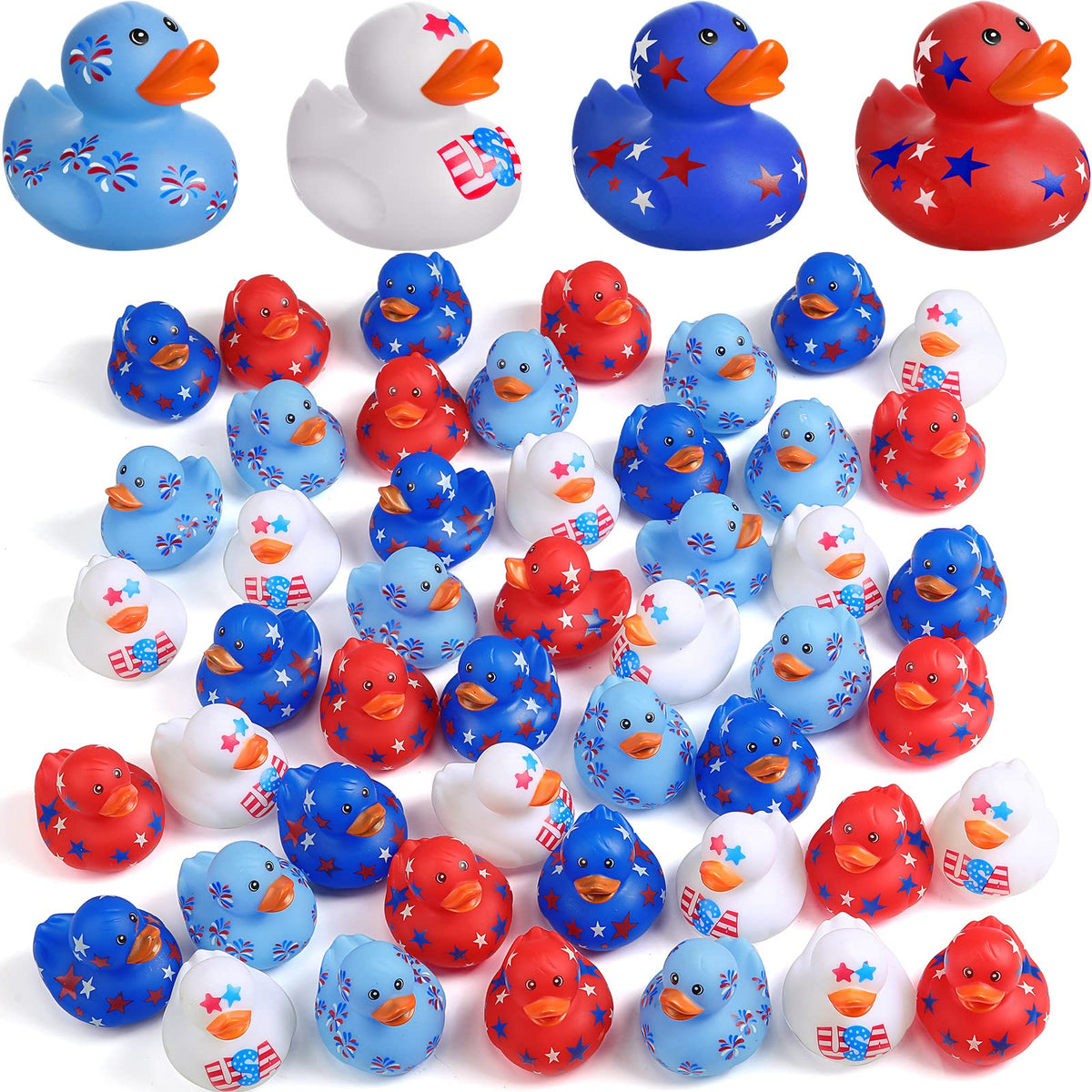 Jerify patriotic ducks in flag colors for festive bath time and color learning.