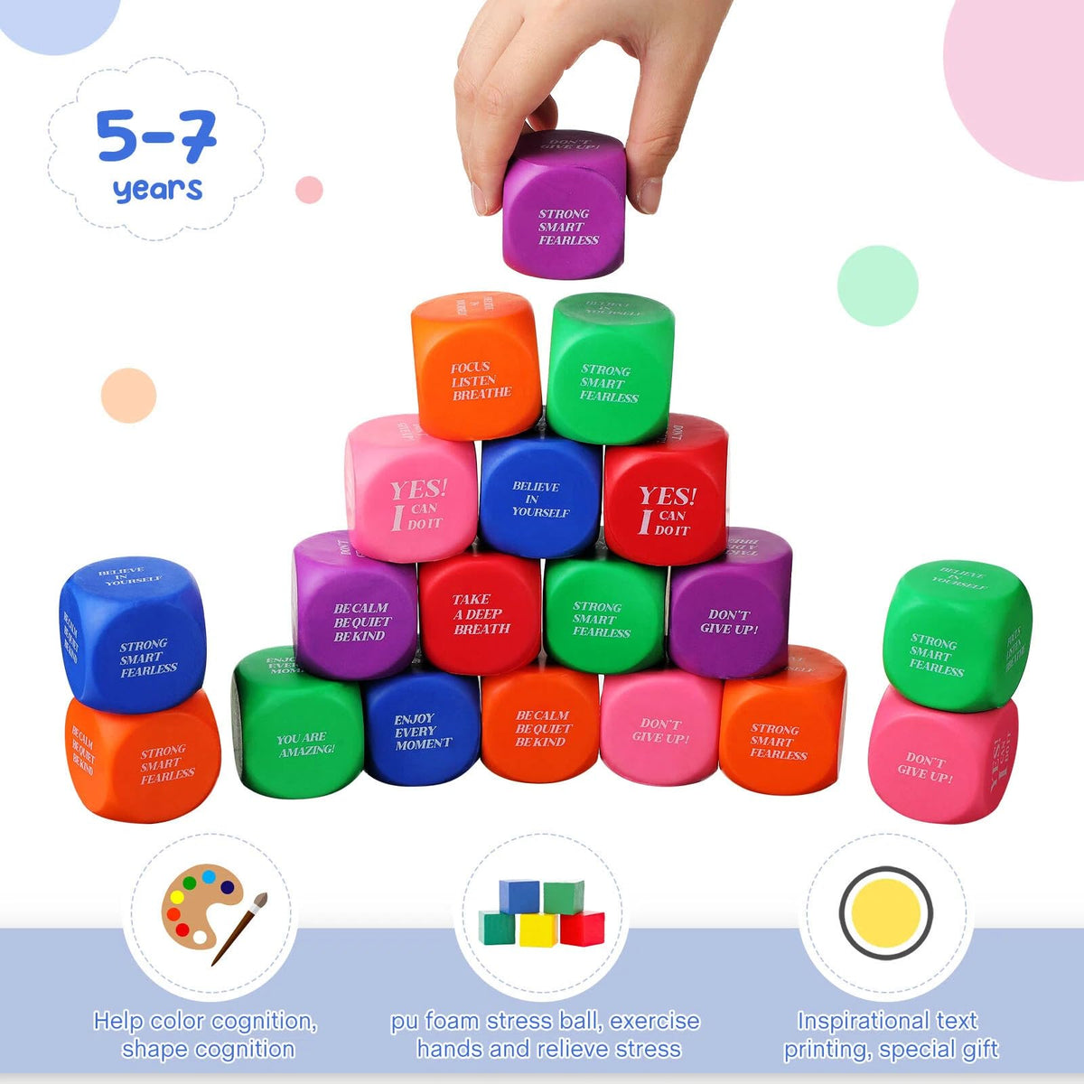 Jerify foam cube stress balls stacked into towers to inspire calm focus.