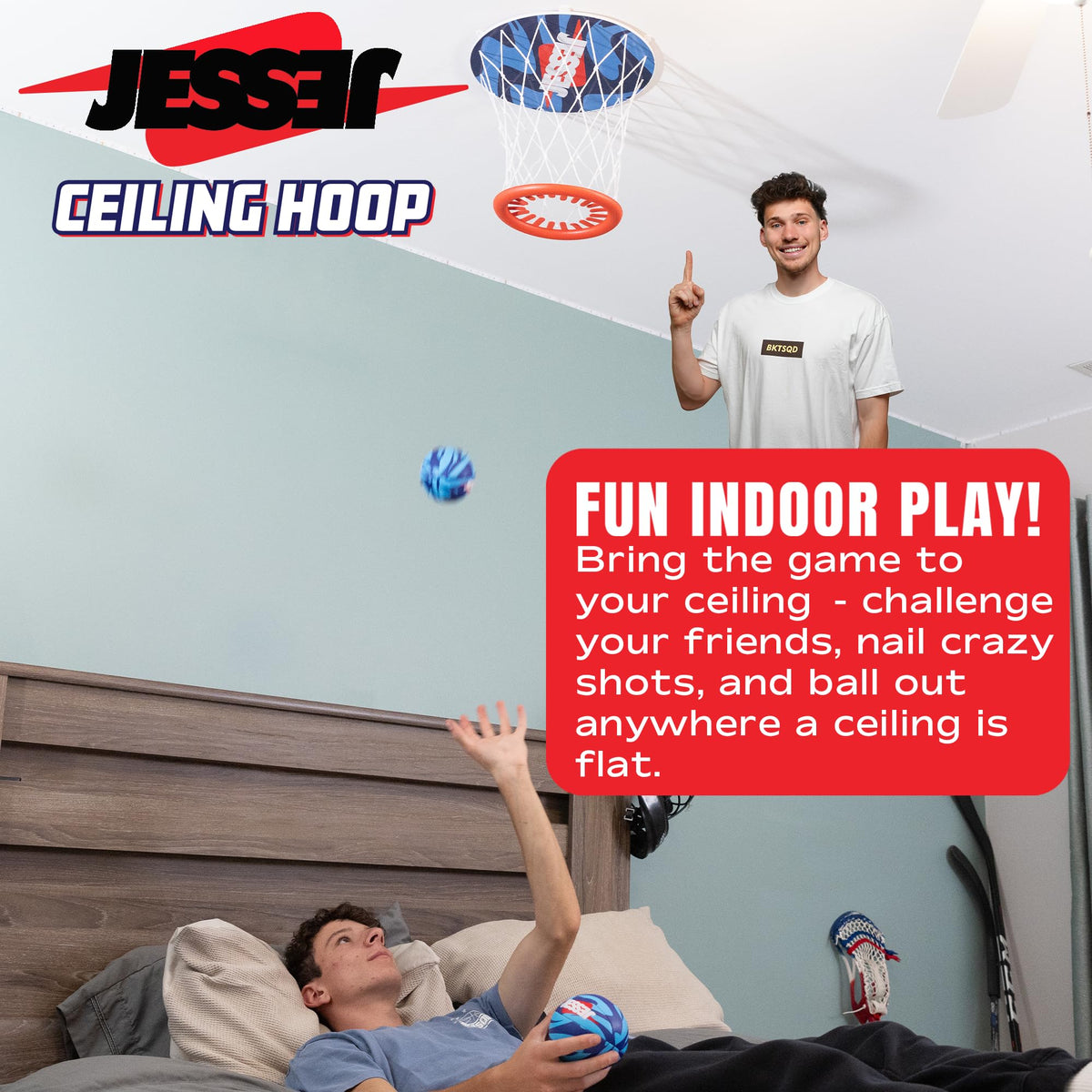 Jesser ceiling hoop set up in a bedroom for quick, active fun.
