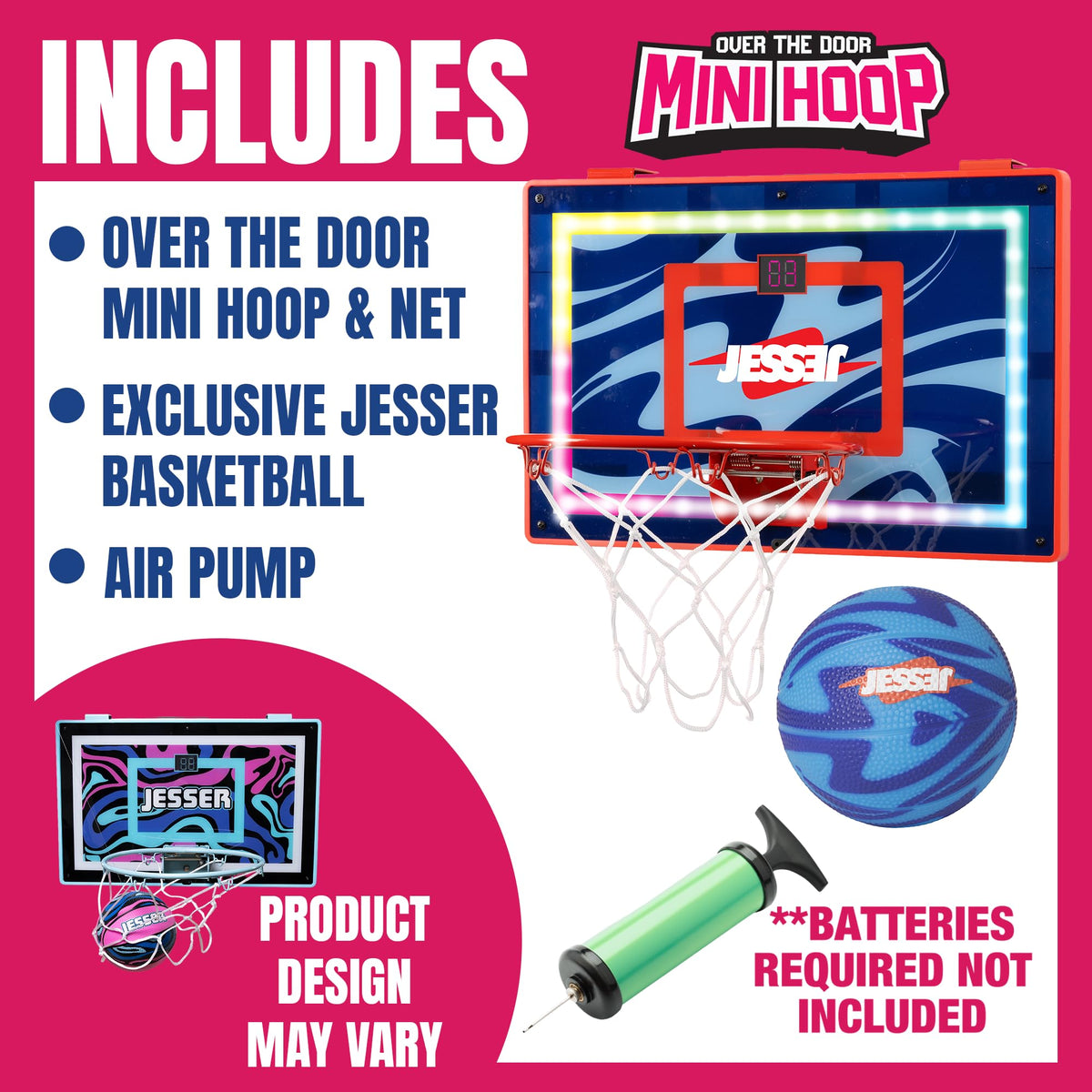 Jesser hoop includes flip-up breakaway rim and pump