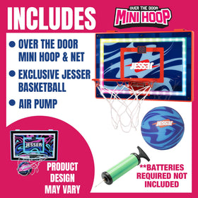 Jesser hoop includes flip-up breakaway rim and pump