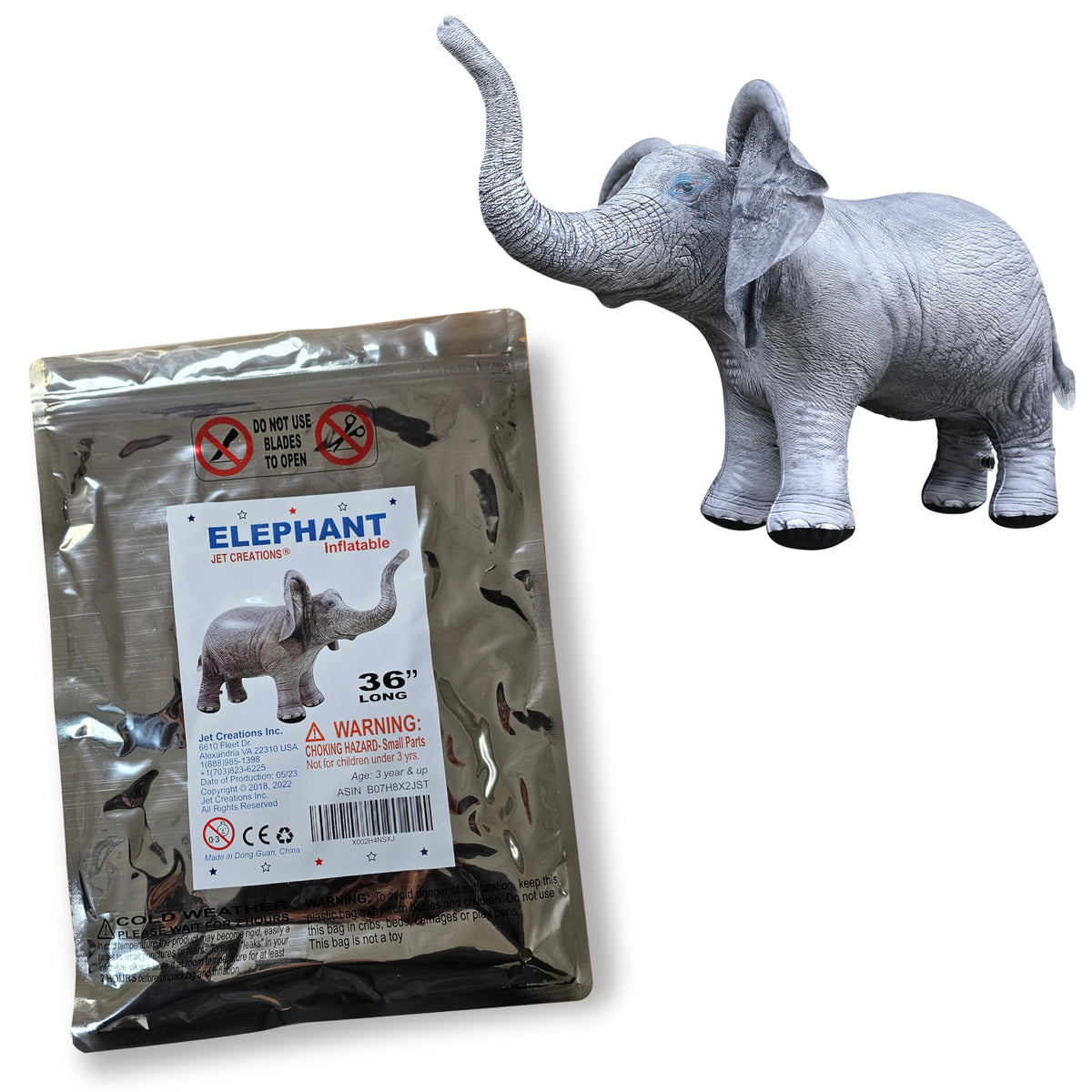Jet Creations elephant inflatable includes a resealable storage bag.