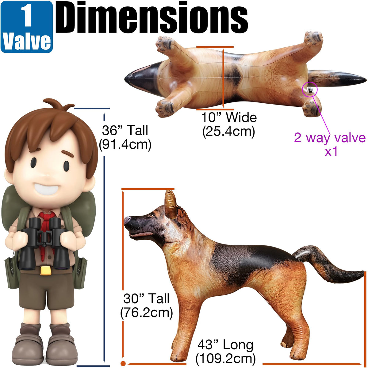 Jet Creations German Shepherd inflatable inflates quickly with 2-way valve.
