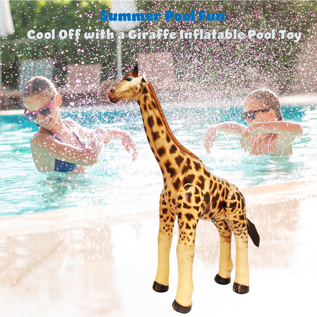 Jet Creations inflatable giraffe features a two-way valve for easy setup.