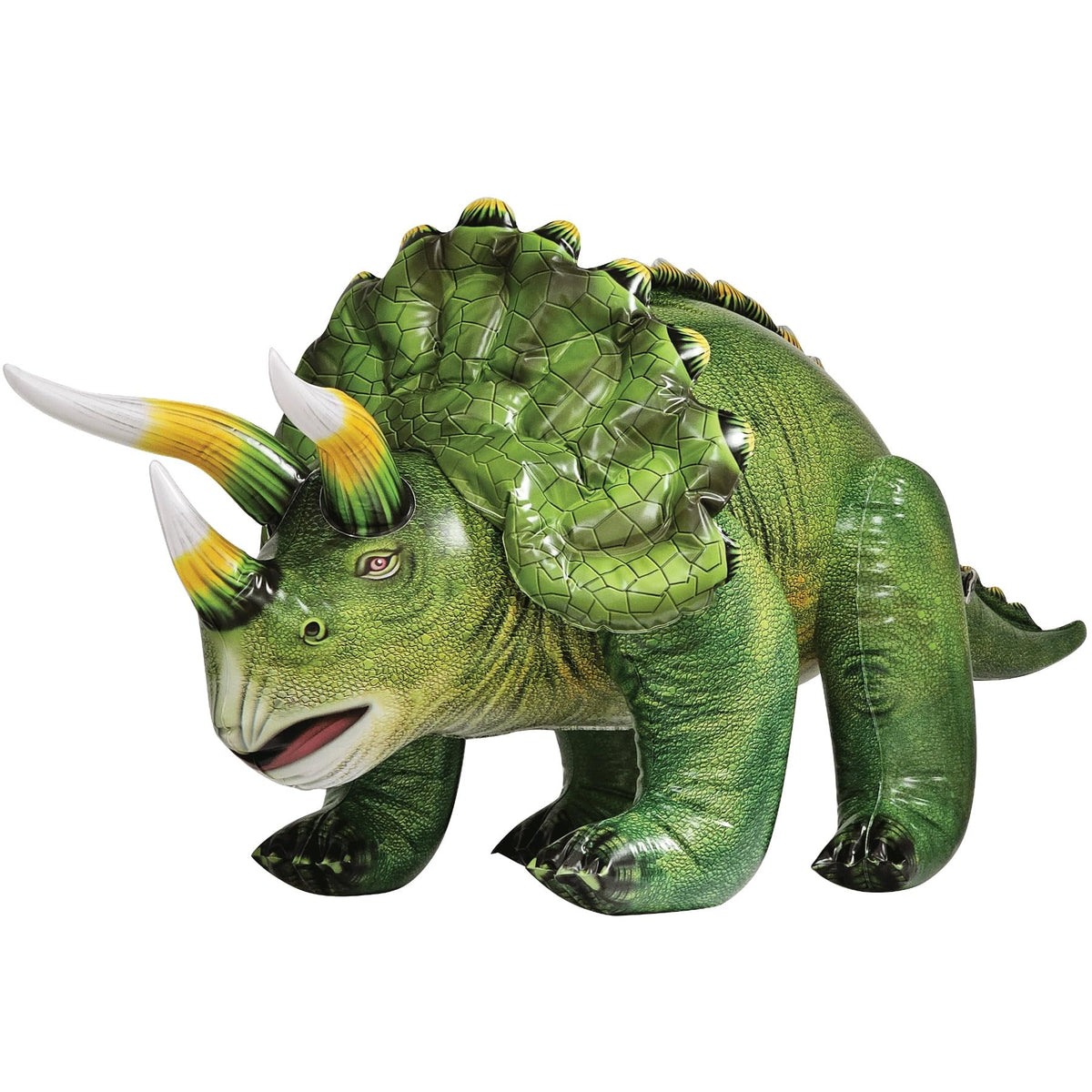 Jet Creations Triceratops inflatable front view for lively party backdrops.