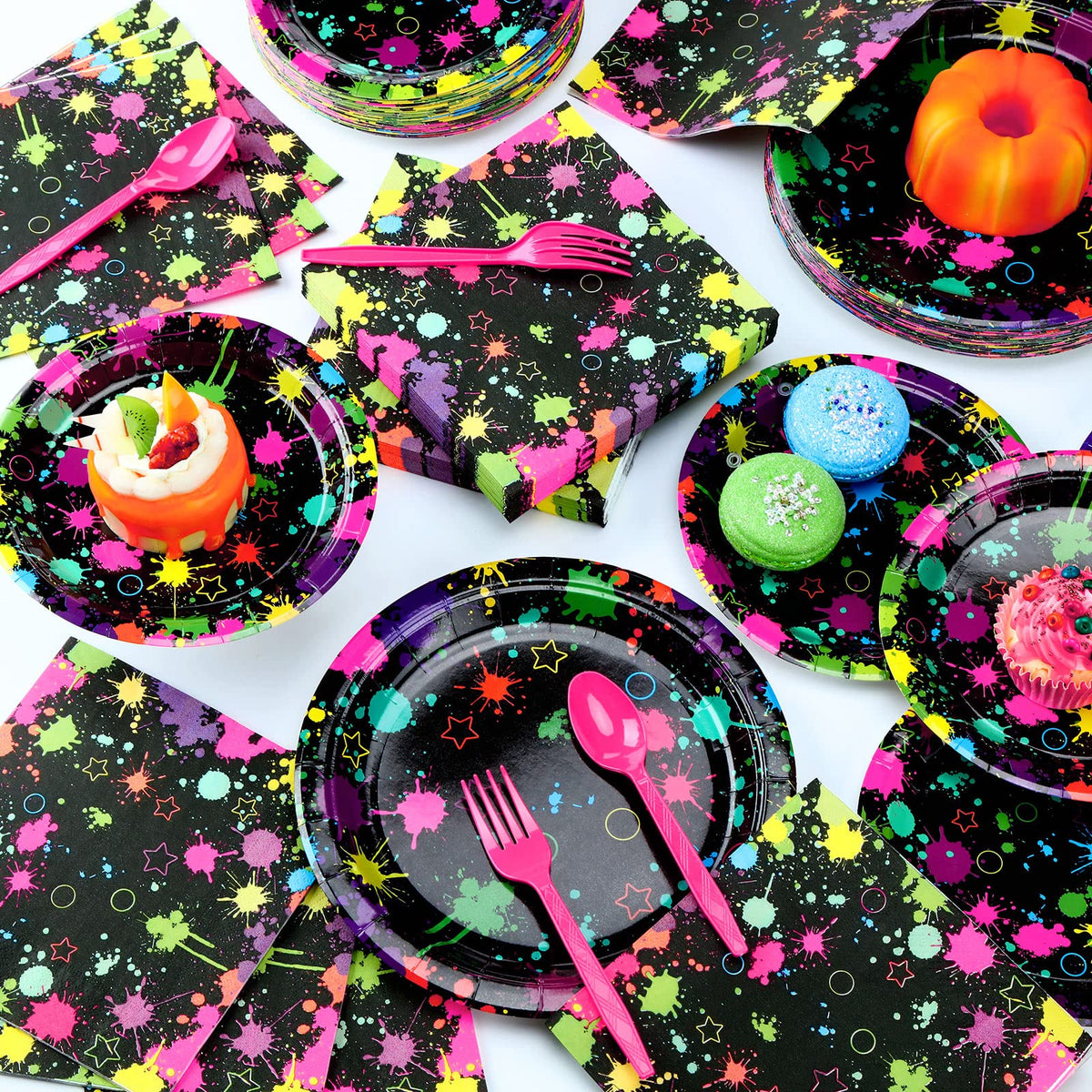 Jetec neon party set on a table adds vibrant mood.